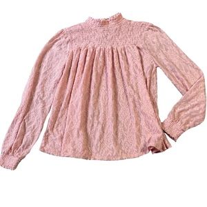 S - CUPIO Smocked Victorian Stretch Floral Lace Blouse Long Sleeve Sheer Shirt